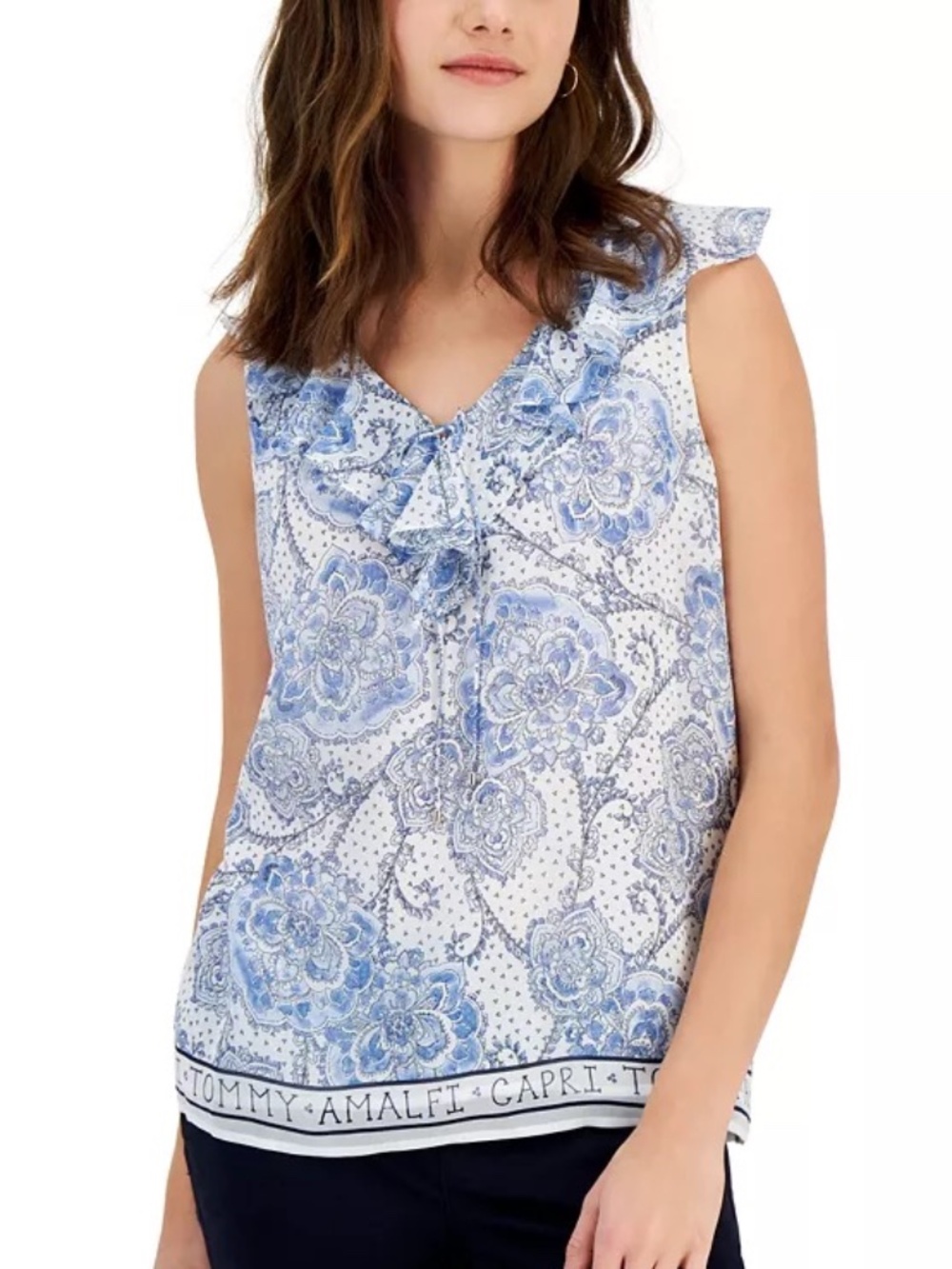 Tommy Hilfiger Blue White Floral Tie-Neck Ruffle Back Top